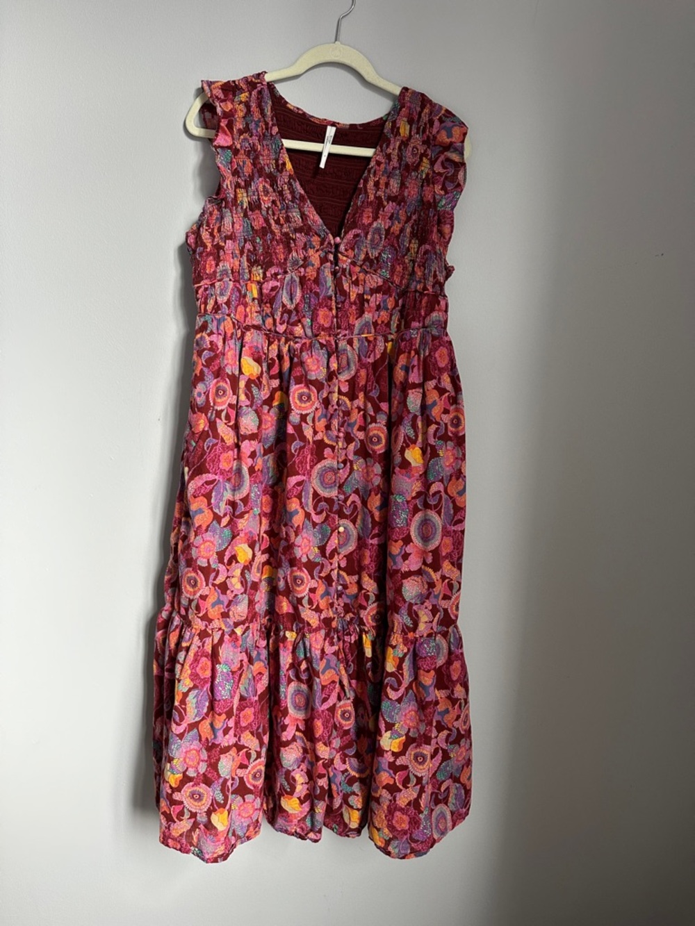Anthropologie Peregrine Burgundy Floral Midi Dress with Ruffled Shoulders - Picture 5 of 11